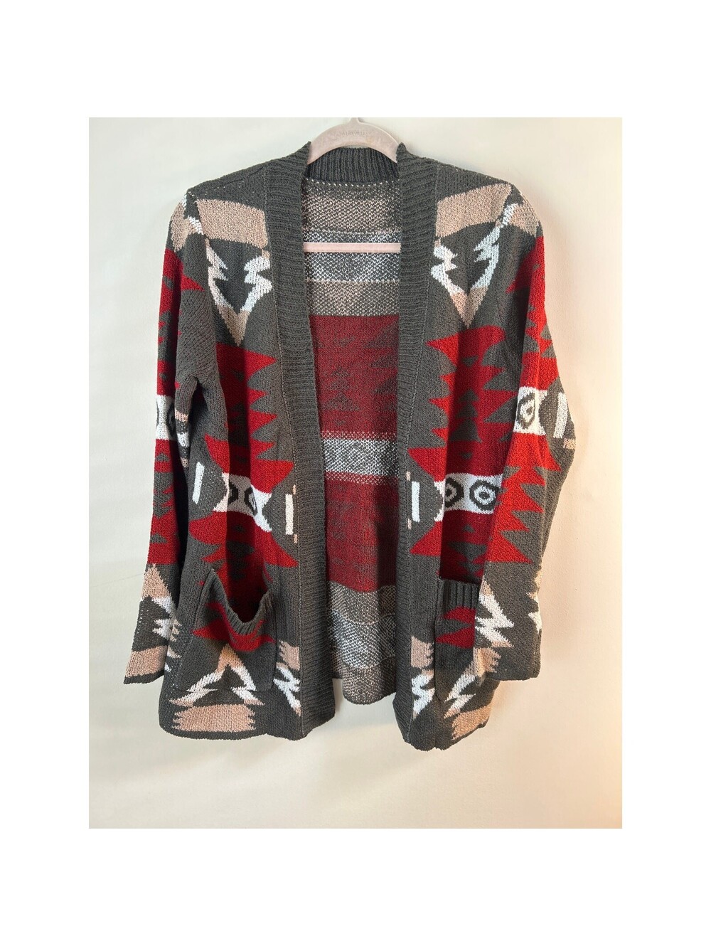 Women's Southwestern Aztec Cardigan Small Gray Red Open Front Geometric Knit